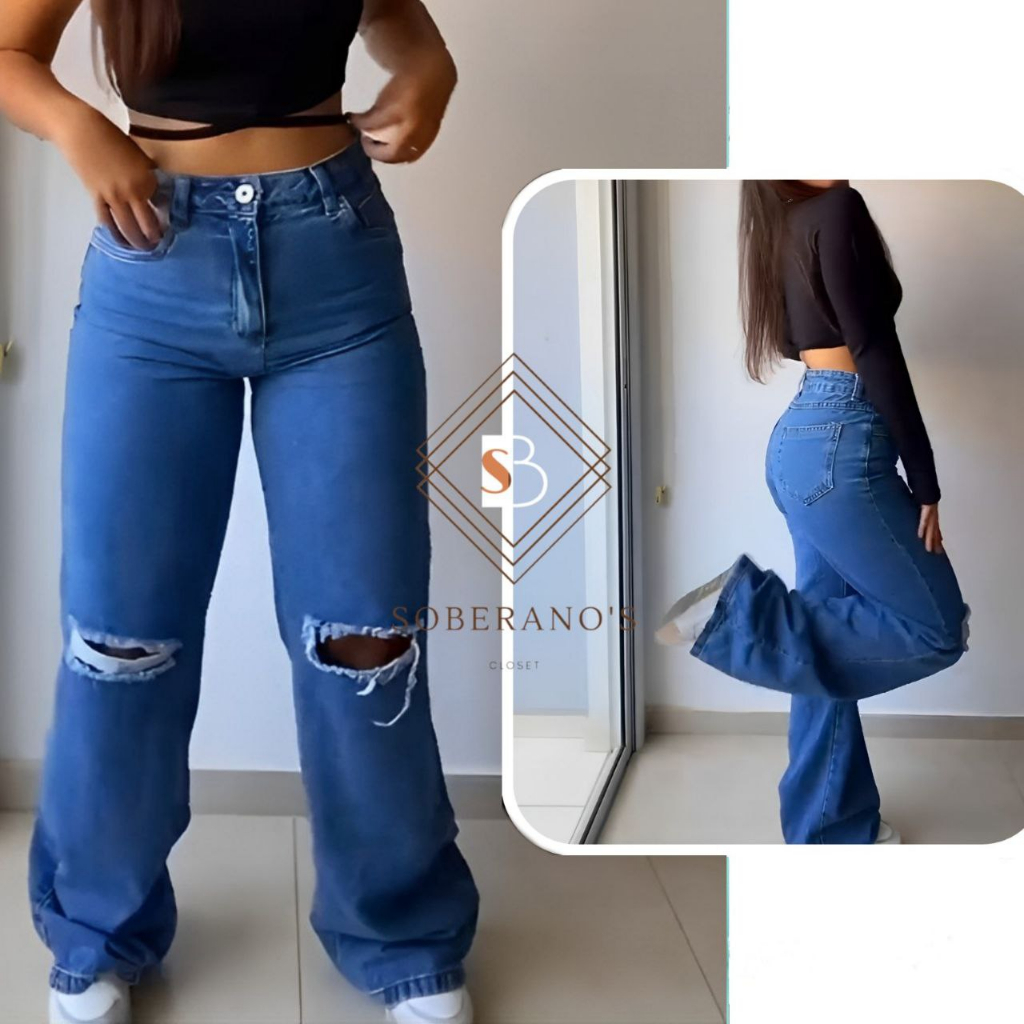 Calça Jeans feminina Wide Leg Marmorizada Pantalona boca larga - cintura alta premium