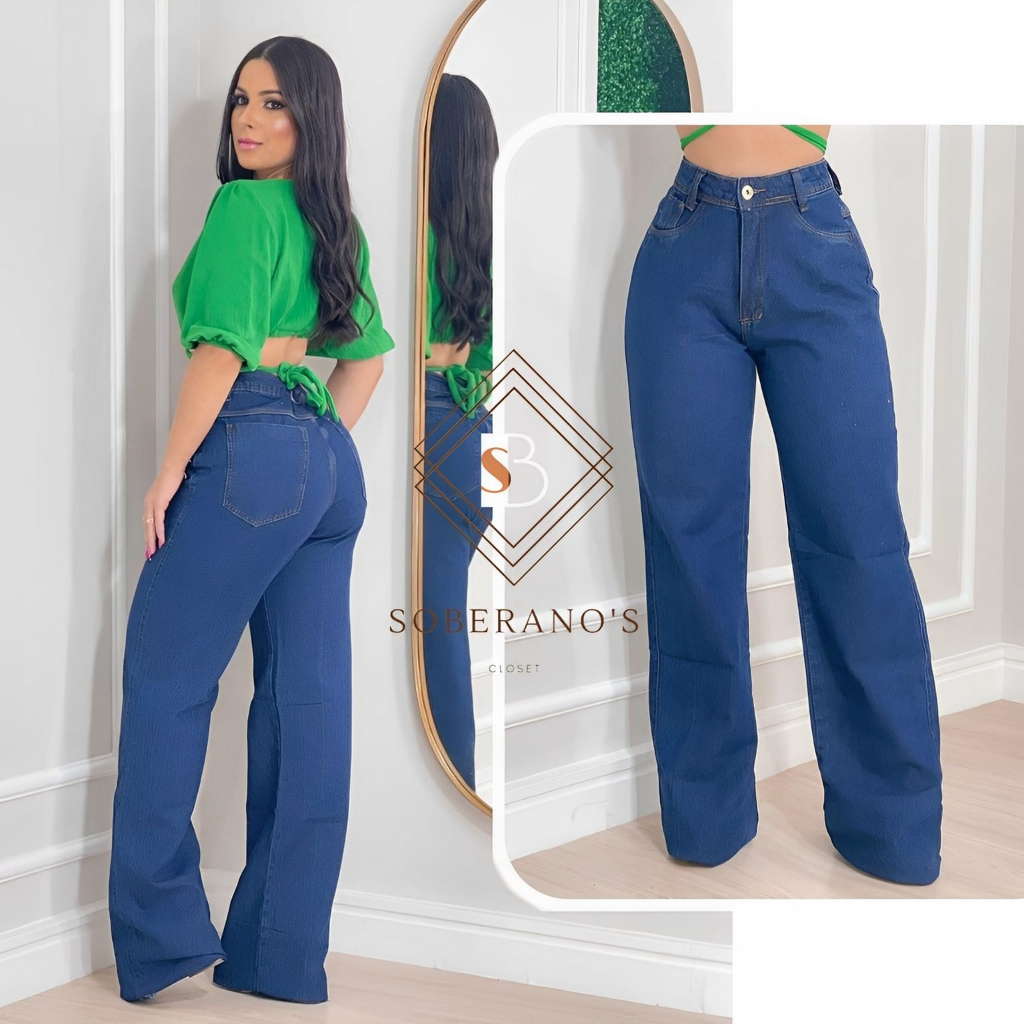 Calça Jeans feminina Wide Leg Marmorizada Pantalona boca larga - cintura alta premium