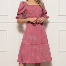 Vestido midi feminino coração, bolinhas, decote quadrado e mangas curtas bufantes, corte A, franzido, bainha com babados