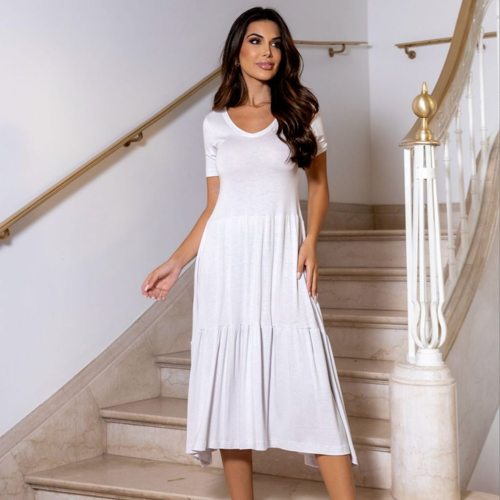 Vestido Midi Casual Manga Curta Soltinho Evangélica Viscolycra Saia Camadas Diversas Ocasiões