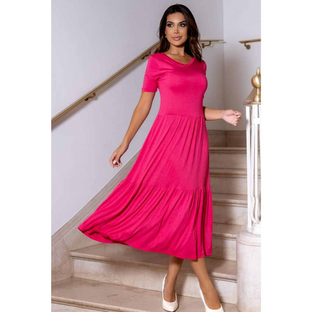 Vestido Midi Casual Manga Curta Soltinho Evangélica Viscolycra Saia Camadas Diversas Ocasiões