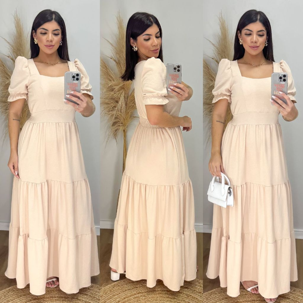 Vestido Longo Feminino Liso Com Bojo e Elastex atrás na cintura / Gola Quadrada