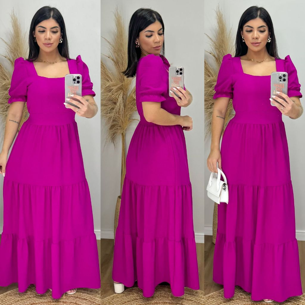 Vestido Longo Feminino Liso Com Bojo e Elastex atrás na cintura / Gola Quadrada