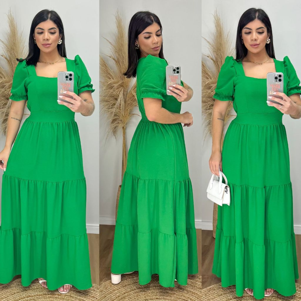 Vestido Longo Feminino Liso Com Bojo e Elastex atrás na cintura / Gola Quadrada