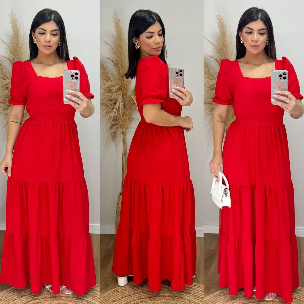 Vestido Longo Feminino Liso Com Bojo e Elastex atrás na cintura / Gola Quadrada