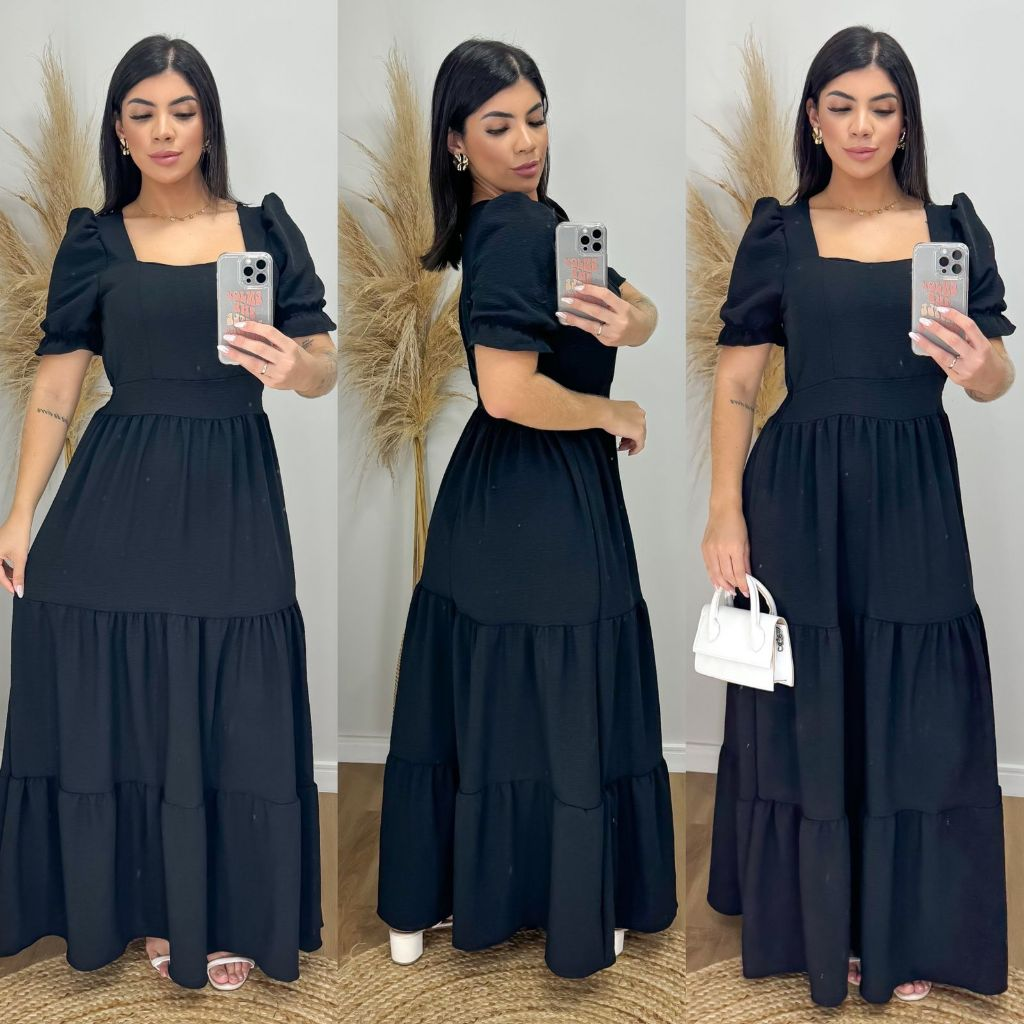 Vestido Longo Feminino Liso Com Bojo e Elastex atrás na cintura / Gola Quadrada