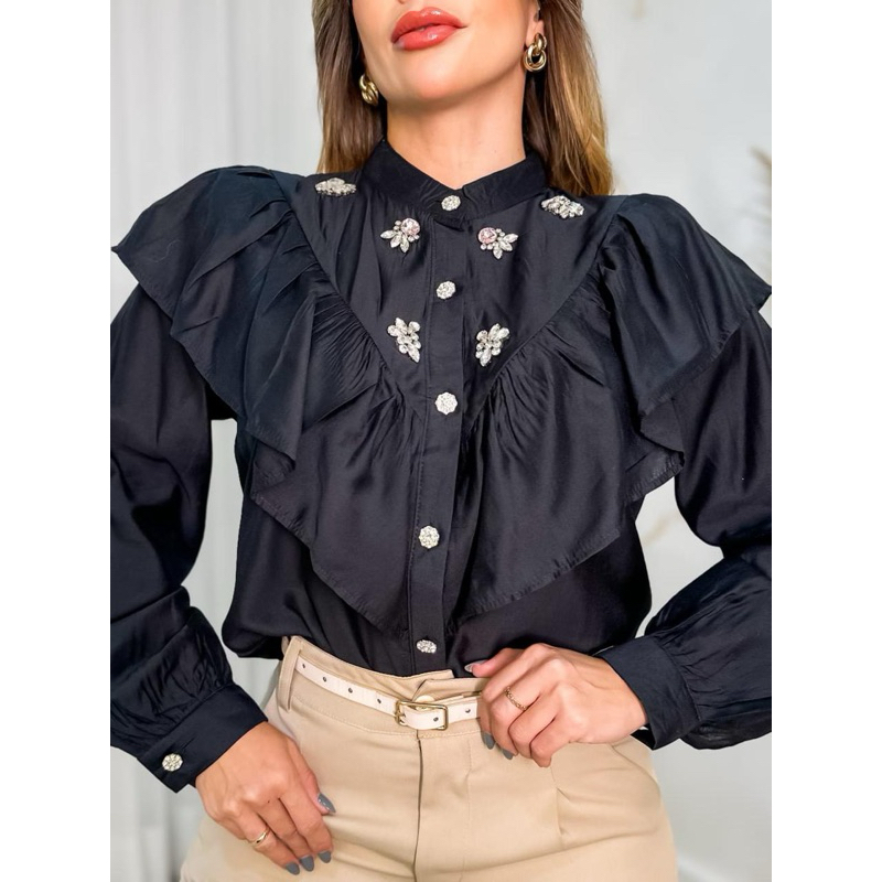 Blusa manga longa feminina na frente com detalhe modas LS135