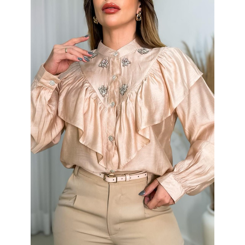 Blusa manga longa feminina na frente com detalhe modas LS135