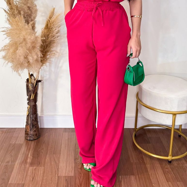 Calça Pantalona Feminina Com Bolso Cintura Alta