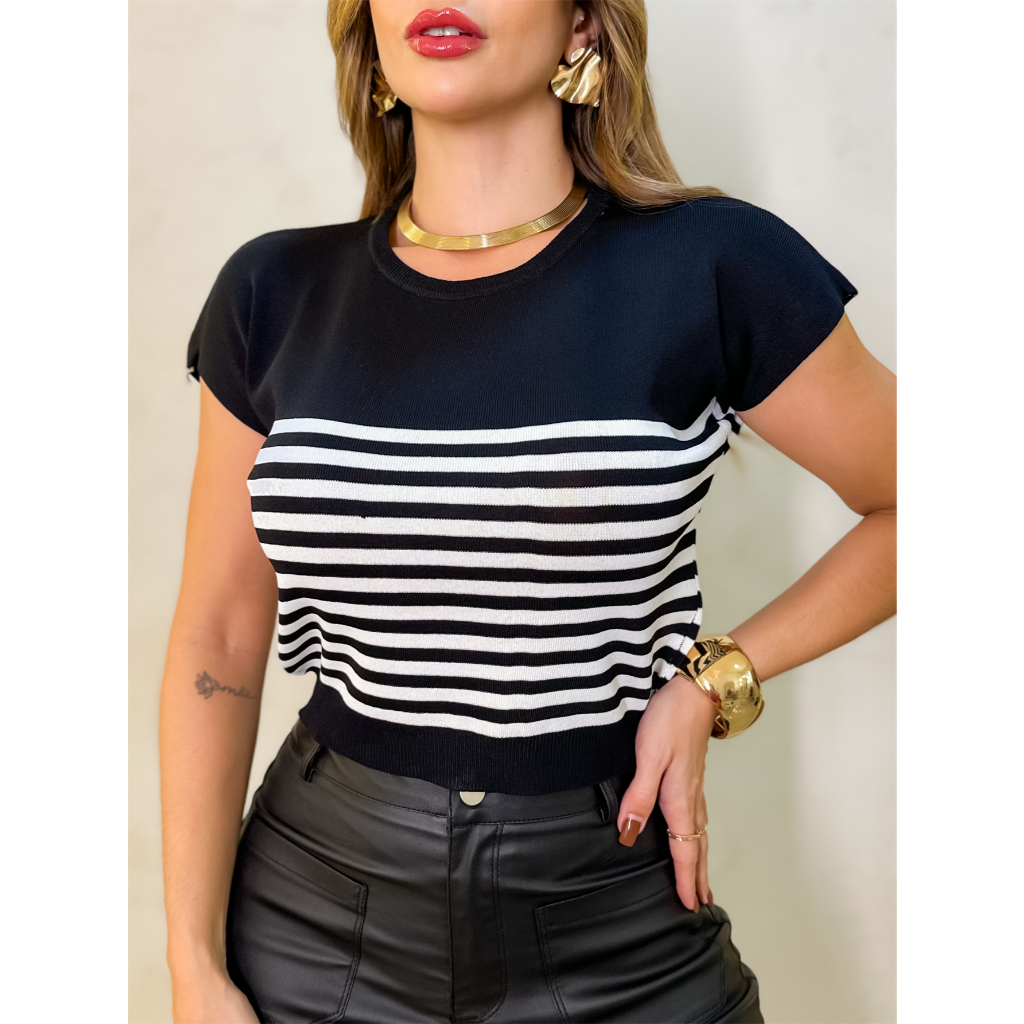 Blusa Feminina Cropped Listrada T-Shirt Liso Moda Verão 3RD SD1168