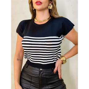 Blusa Feminina Cropped Listrada T-Shirt Liso Moda Verão 3RD SD1168