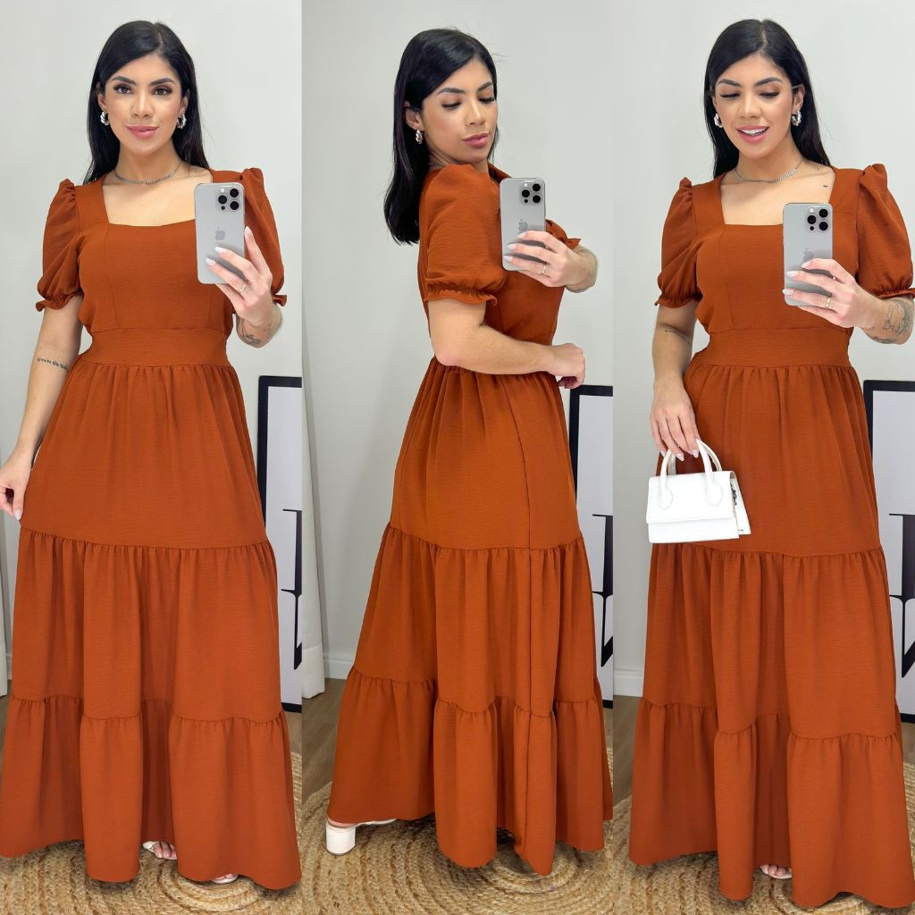 Vestido Longo Feminino Liso Com Bojo e Elastex atrás na cintura / Gola Quadrada