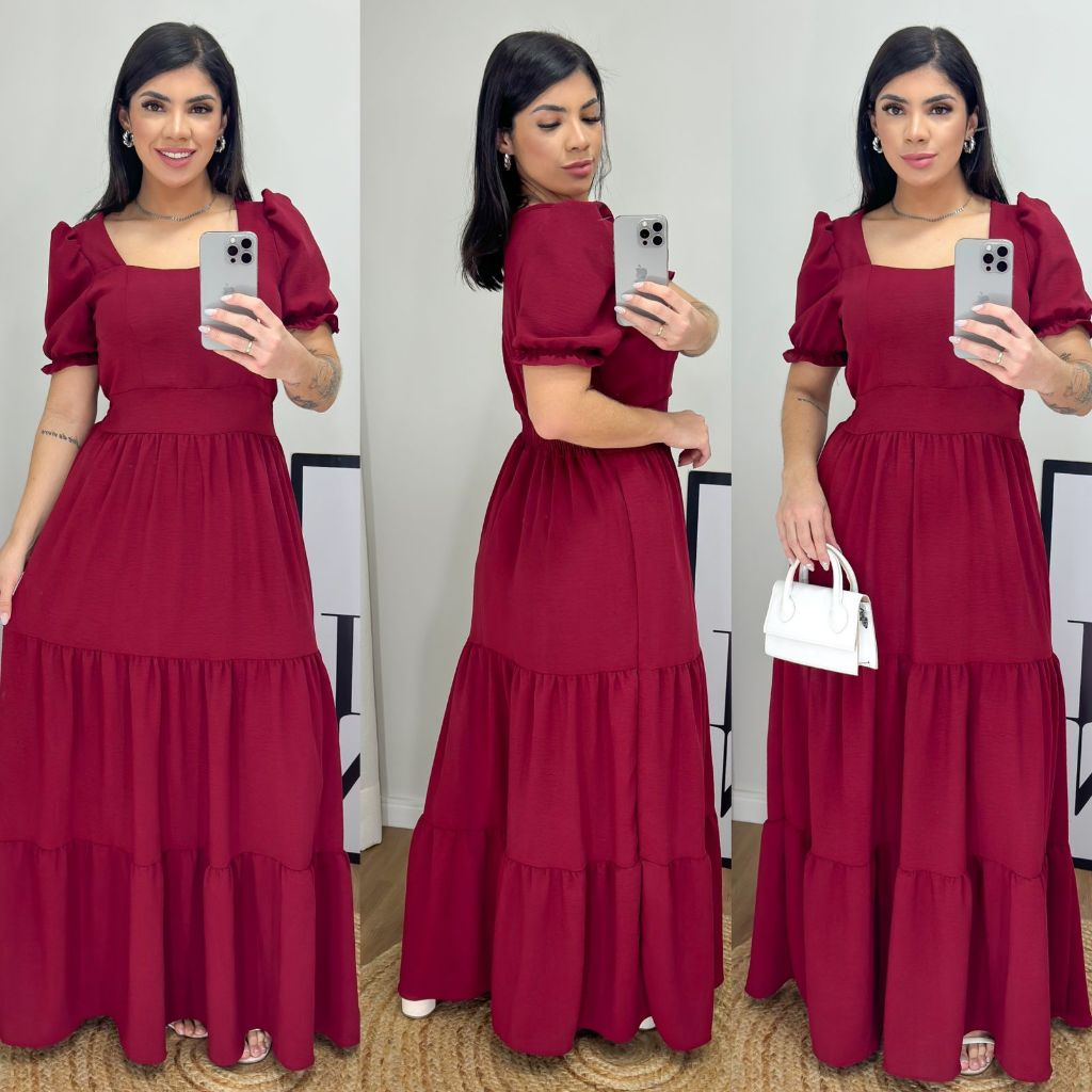 Vestido Longo Feminino Liso Com Bojo e Elastex atrás na cintura / Gola Quadrada