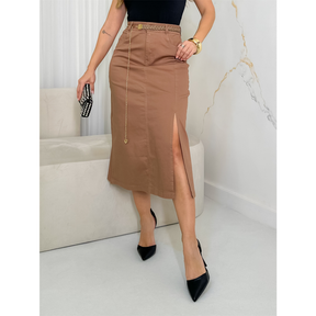 Saia Midi Feminina Brim Sarja Elastano Bolso Com Cinto 3RD SD1186