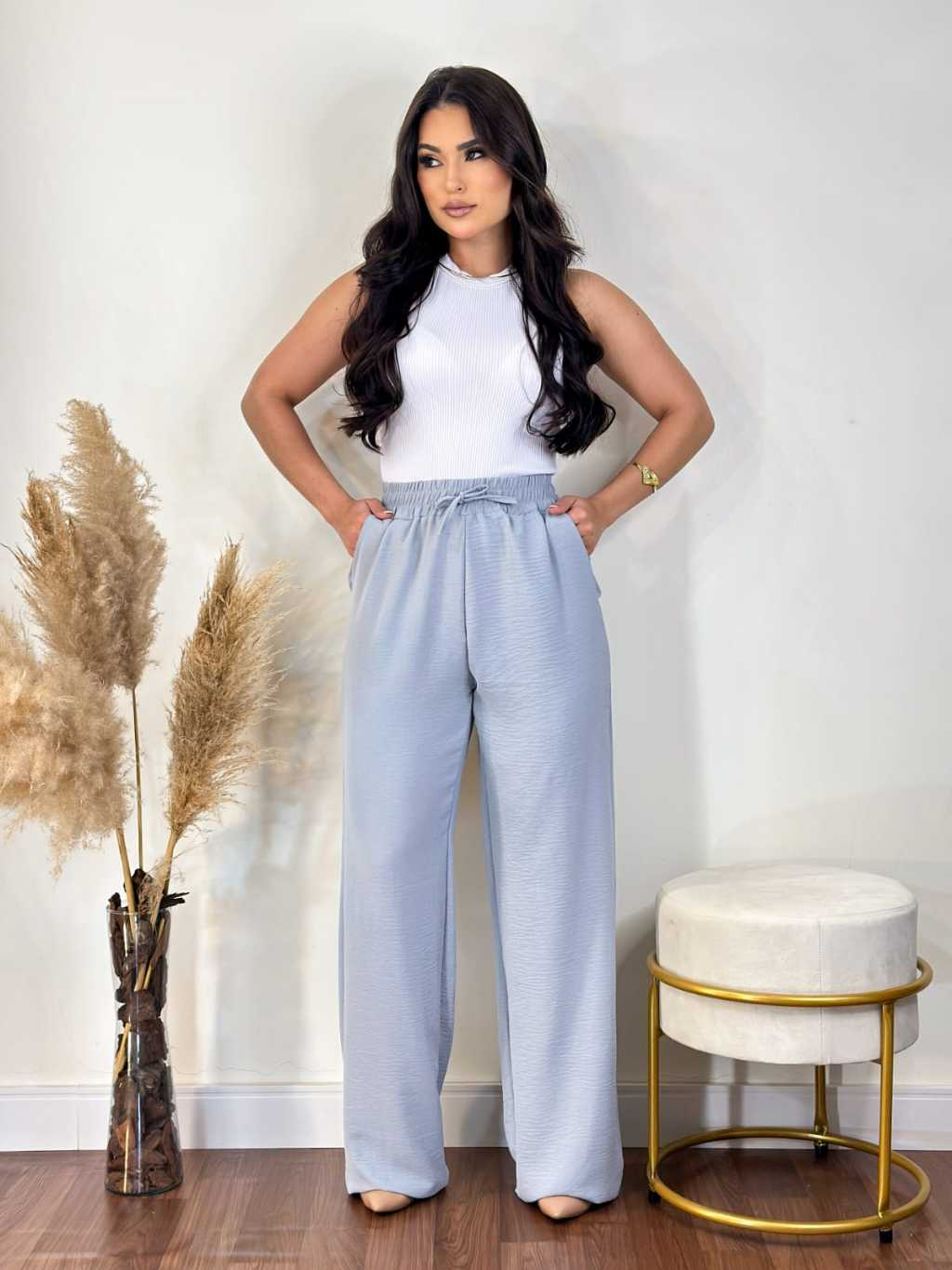 Calça Pantalona Feminina Com Bolso Cintura Alta