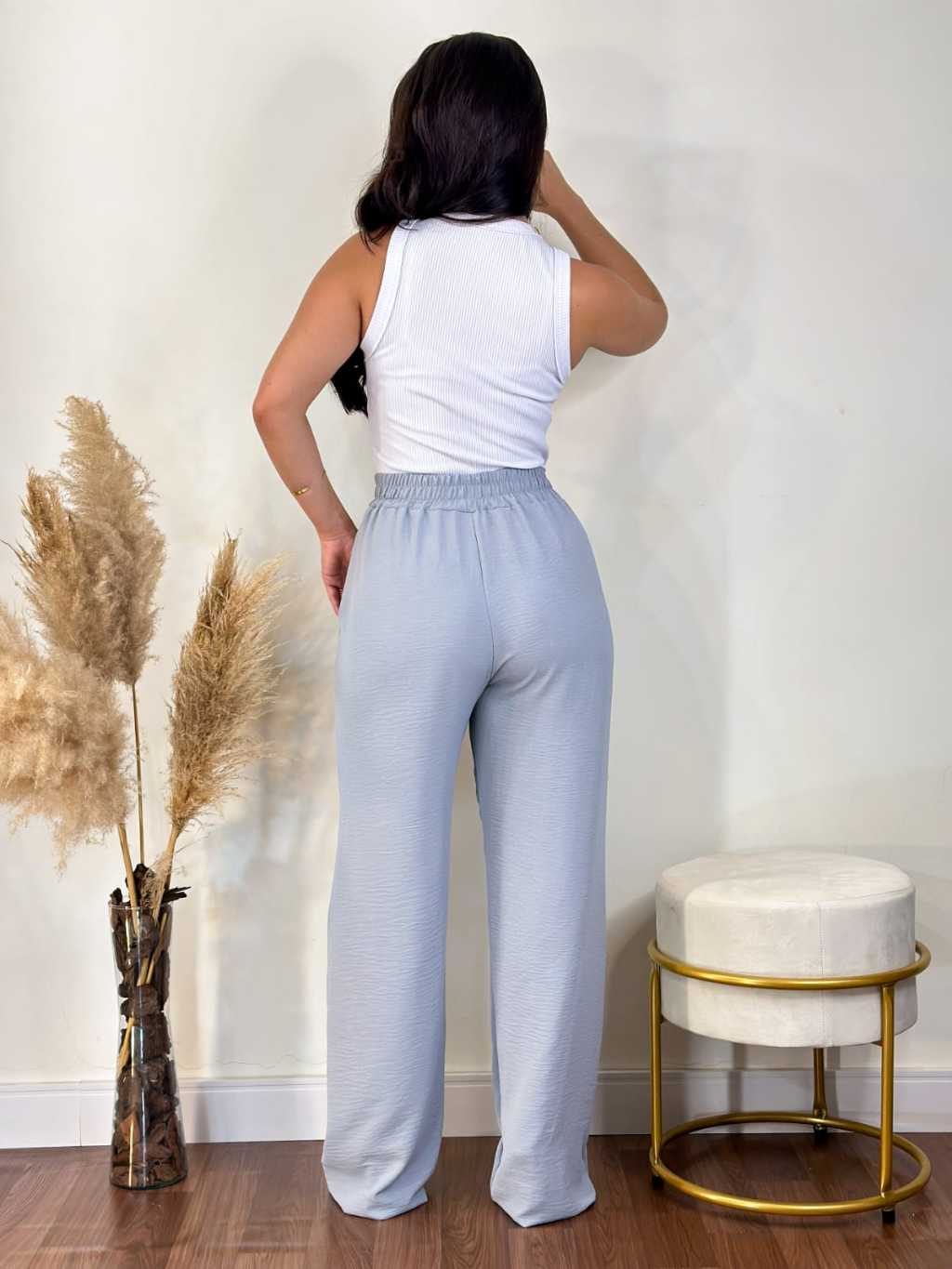 Calça Pantalona Feminina Com Bolso Cintura Alta