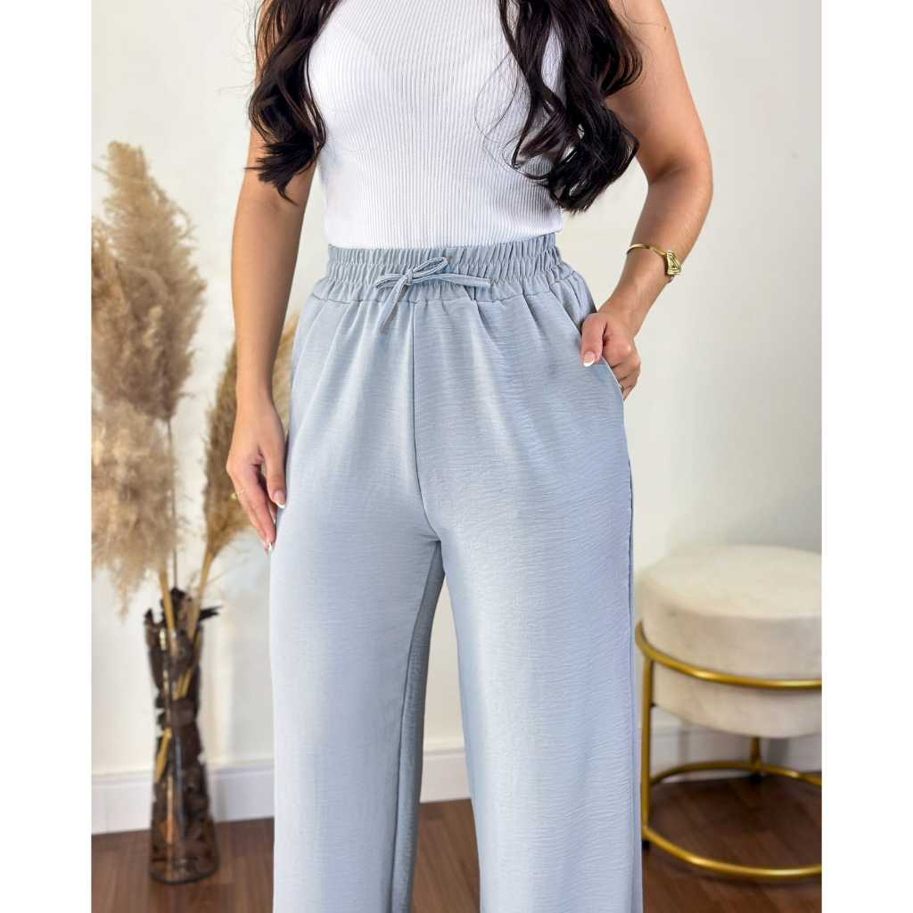 Calça Pantalona Feminina Com Bolso Cintura Alta