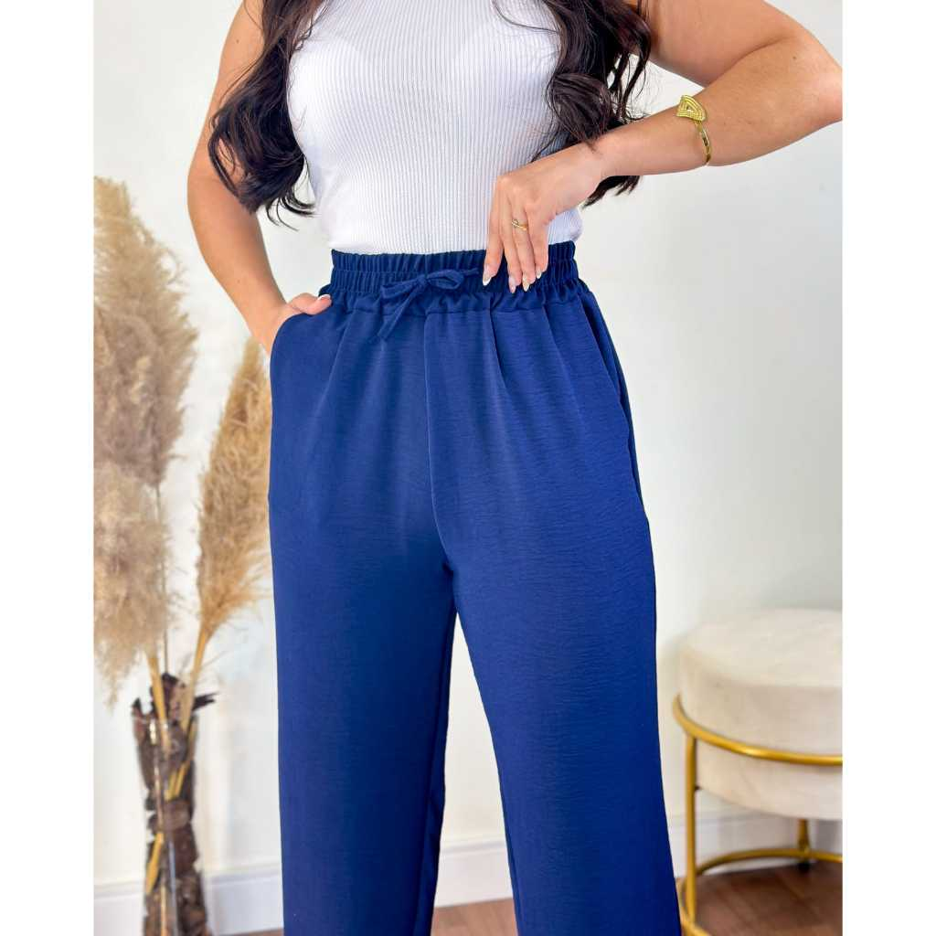Calça Pantalona Feminina Com Bolso Cintura Alta