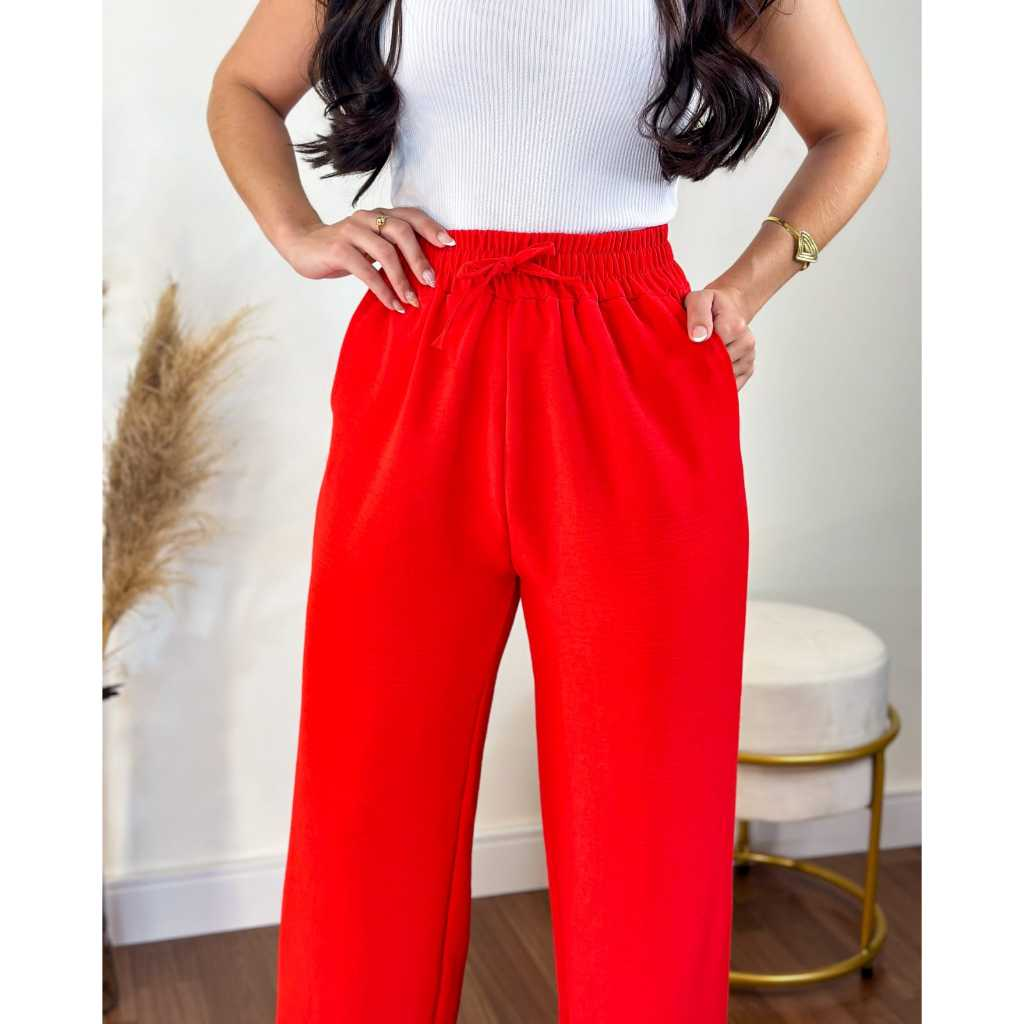 Calça Pantalona Feminina Com Bolso Cintura Alta