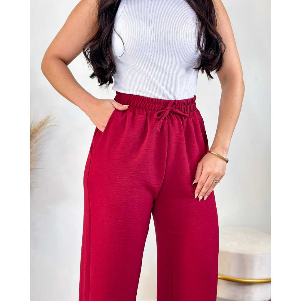 Calça Pantalona Feminina Com Bolso Cintura Alta