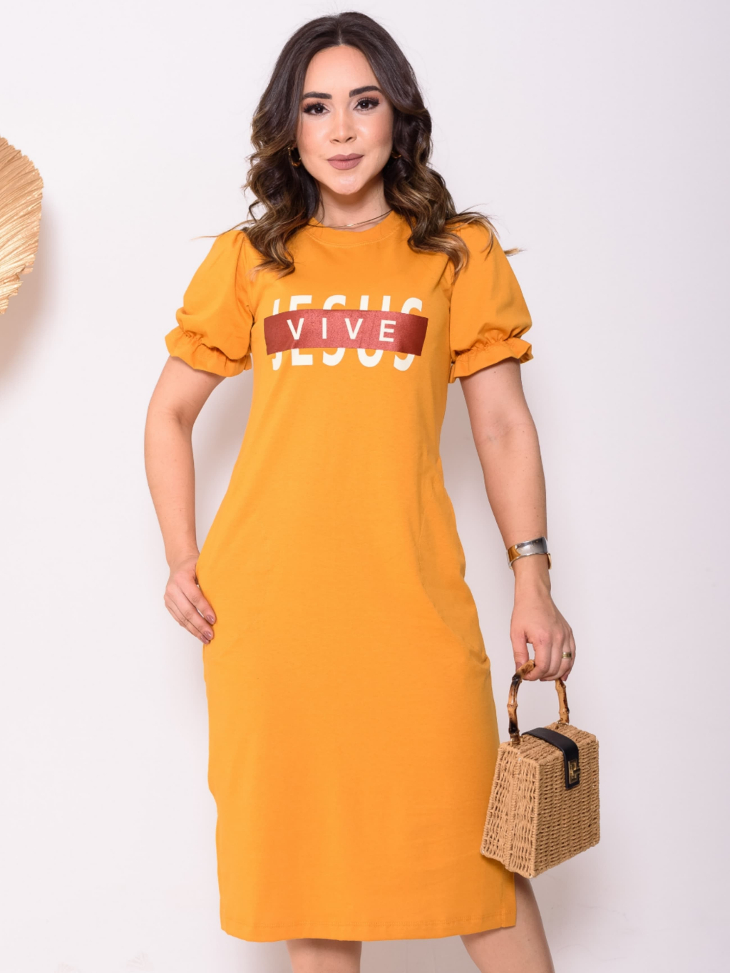 Vestido Midi Moda Evangelica Fenda Lateral Elegante Moda Casual Com Silk Soltinho Manga Bufante Cor