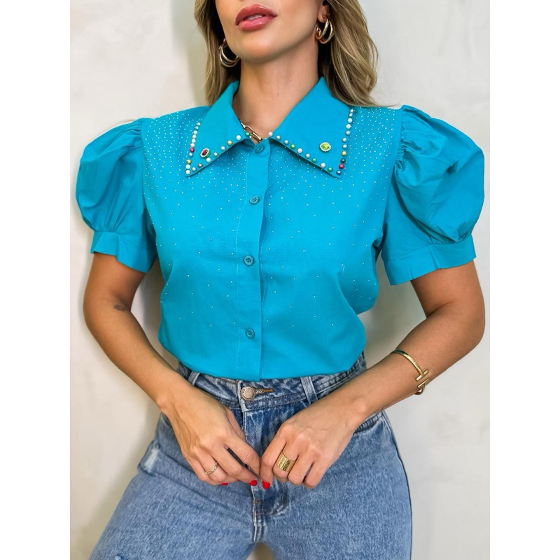 Blusa manga curta feminina gola com detalhe modas W6224