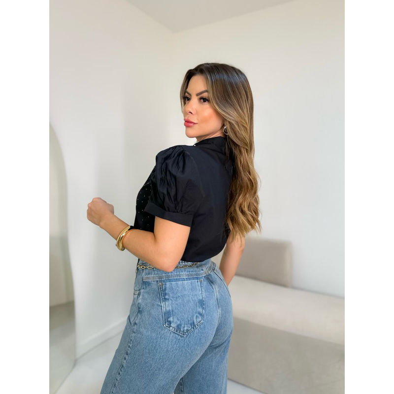 Blusa manga curta feminina gola com detalhe modas W6224