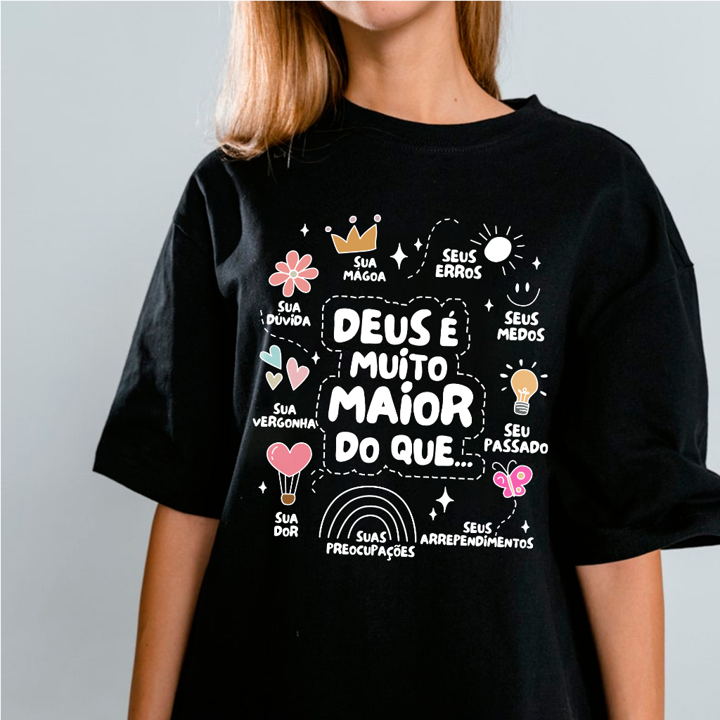 Camiseta Feminino Gospel Cristão Deus É Muito Maior 100% Algodão Unissex