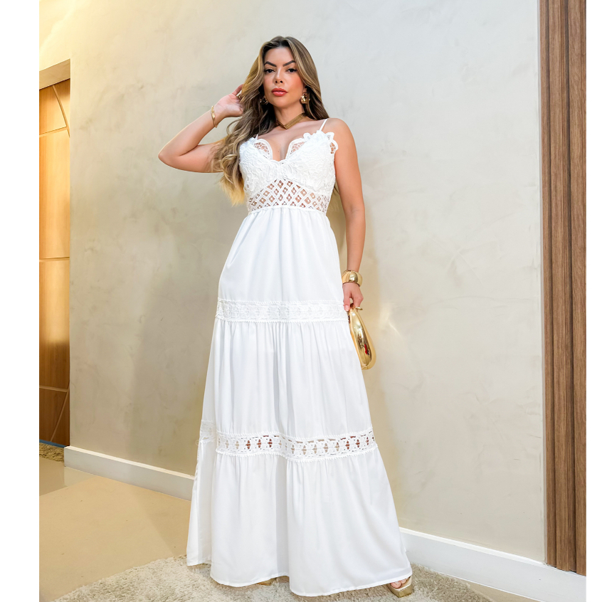 Vestido Longo Feminino Elegante de Alcinha Com Bojo Festa Moda Verão 3RD SD1290