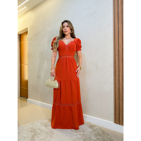 Vestido Longo Feminino Elegante Com Bojo Manga Bufante Evangélico Festa 3RD SD1379