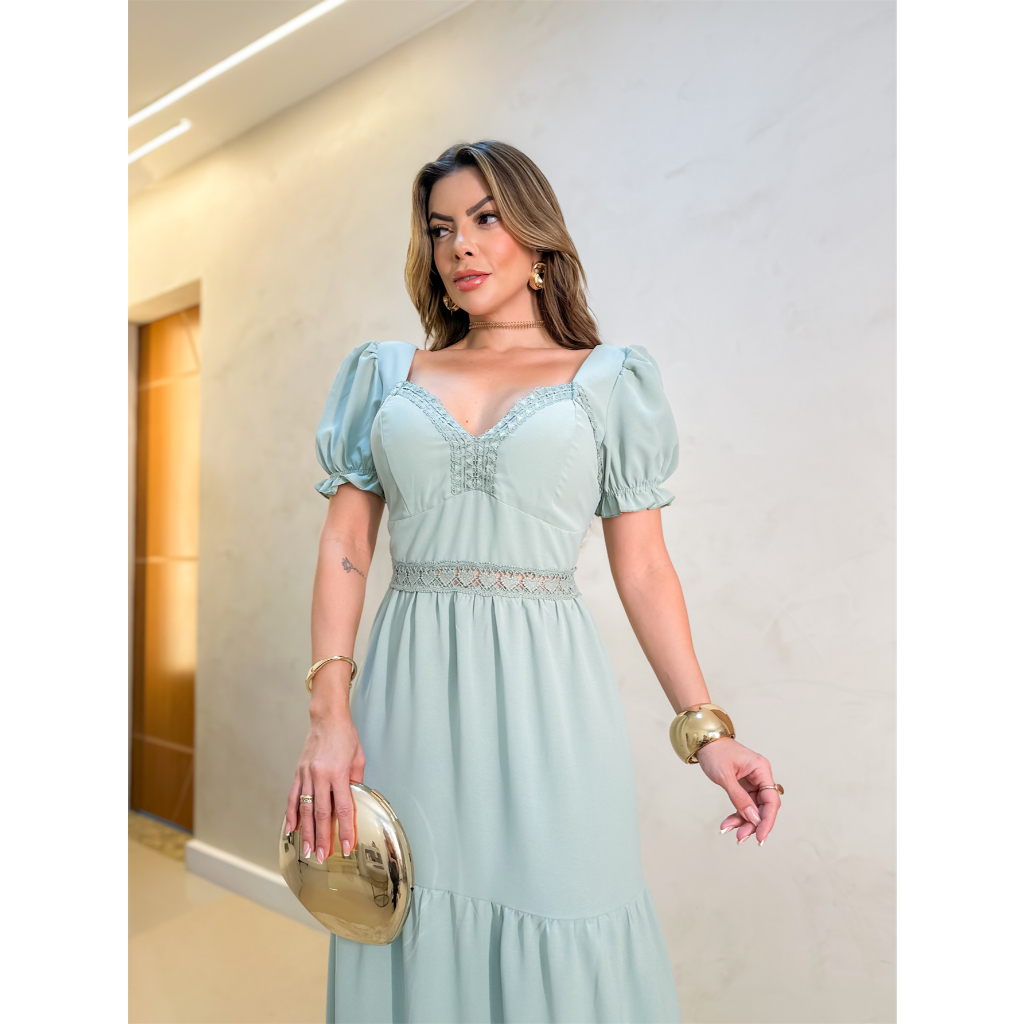 Vestido Longo Feminino Elegante Com Bojo Manga Bufante Evangélico Festa 3RD SD1379