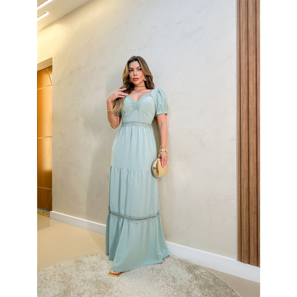 Vestido Longo Feminino Elegante Com Bojo Manga Bufante Evangélico Festa 3RD SD1379