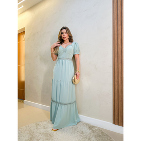 Vestido Longo Feminino Elegante Com Bojo Manga Bufante Evangélico Festa 3RD SD1379