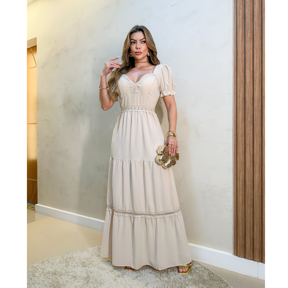 Vestido Longo Feminino Elegante Com Bojo Manga Bufante Evangélico Festa 3RD SD1379