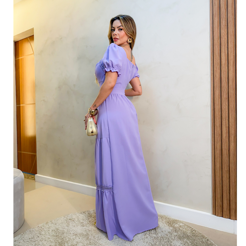 Vestido Longo Feminino Elegante Com Bojo Manga Bufante Evangélico Festa 3RD SD1379