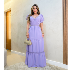 Vestido Longo Feminino Elegante Com Bojo Manga Bufante Evangélico Festa 3RD SD1379