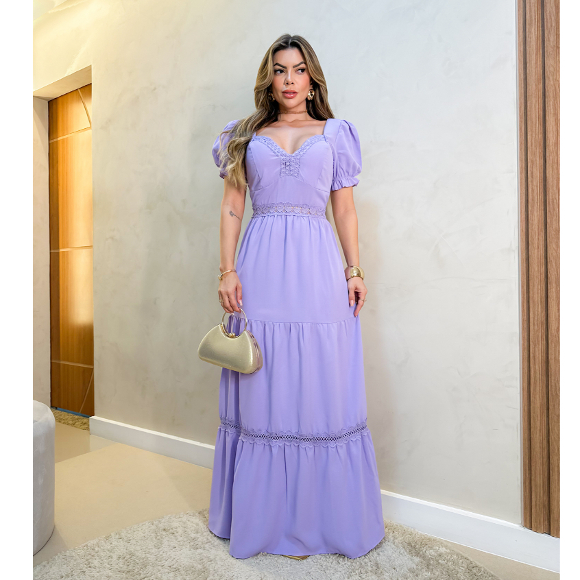 Vestido Longo Feminino Elegante Com Bojo Manga Bufante Evangélico Festa 3RD SD1379