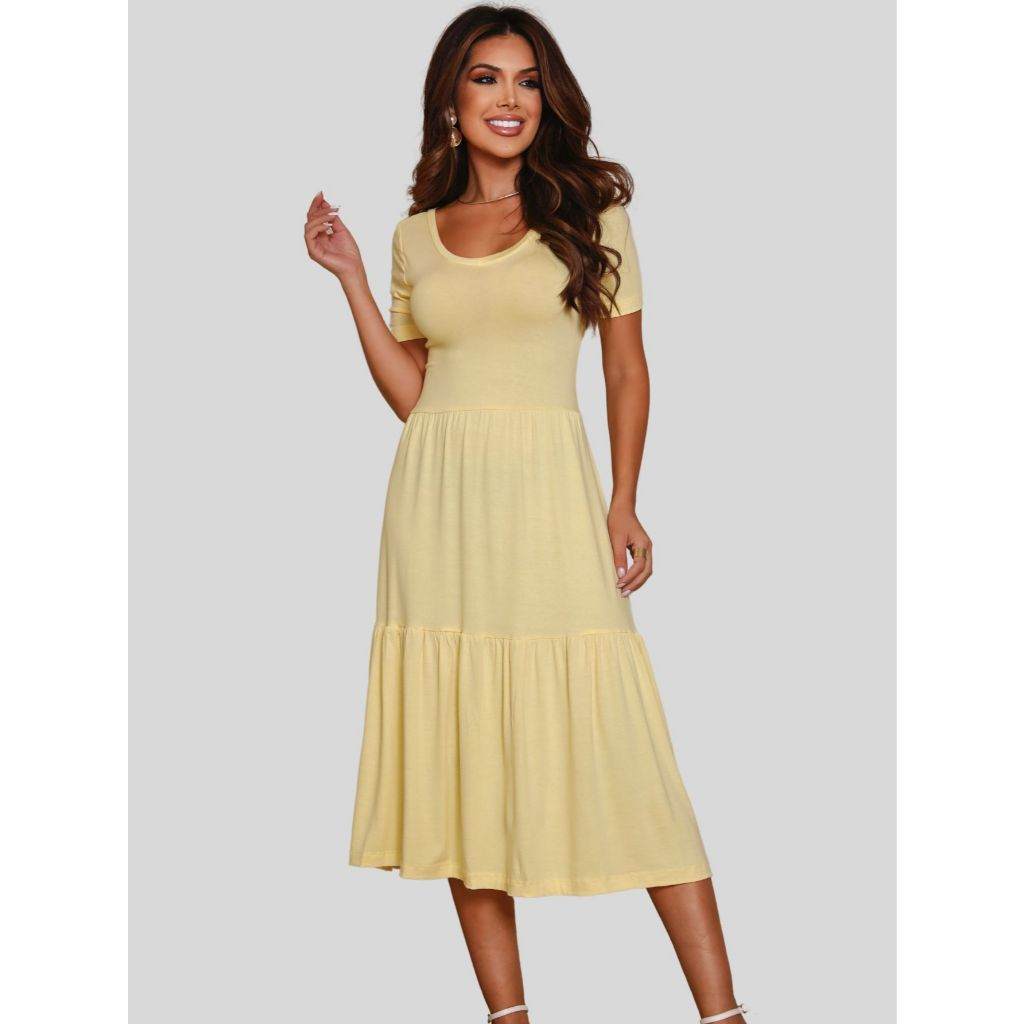 Vestido Midi Casual Manga Curta Soltinho Evangélica Viscolycra Saia Camadas Diversas Ocasiões