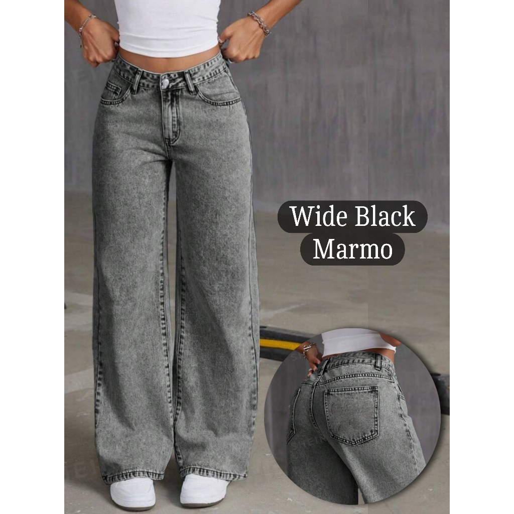 Calça Jeans feminina Wide Leg Marmorizada Pantalona boca larga - cintura alta premium