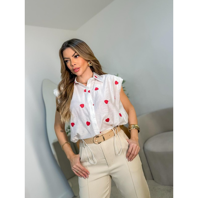 Camisa feminina sem manga desenho de coração modas LS165