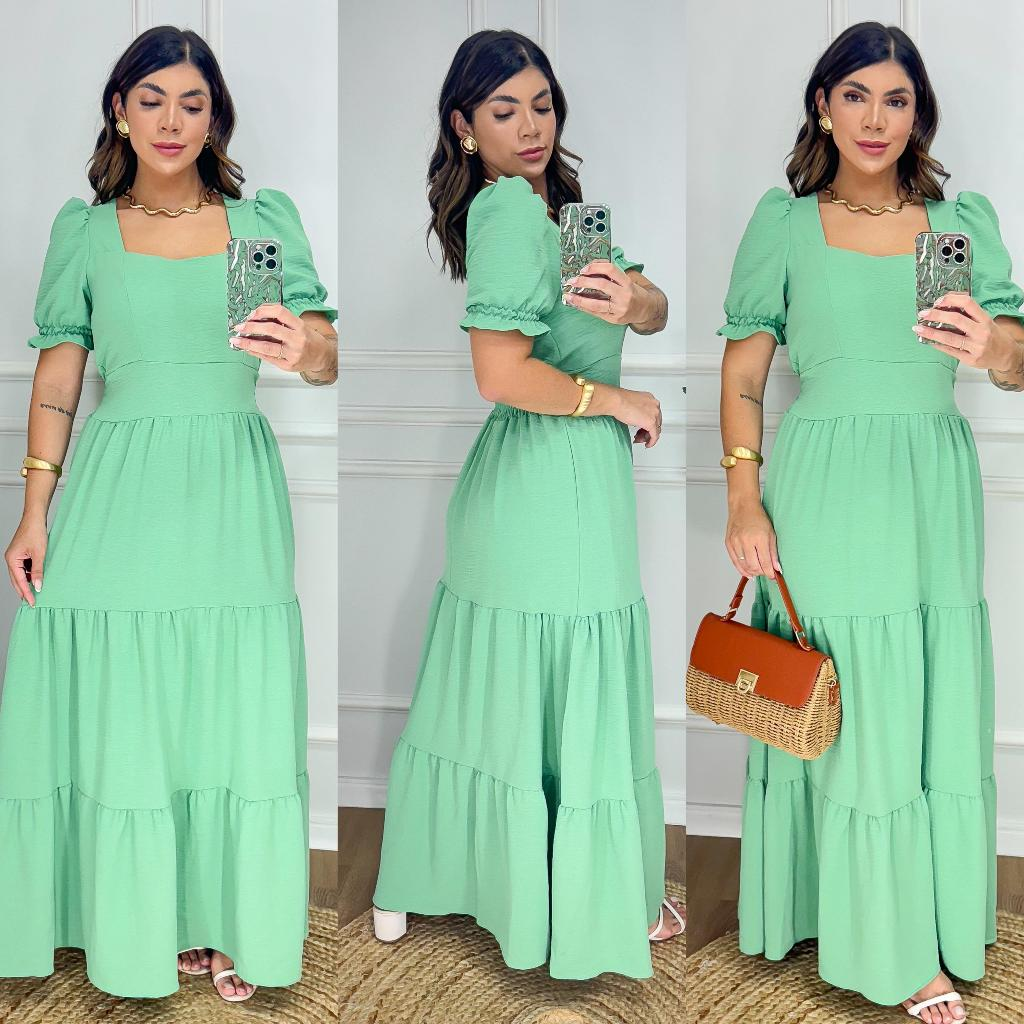 Vestido Longo Feminino Liso Com Bojo e Elastex atrás na cintura / Gola Quadrada