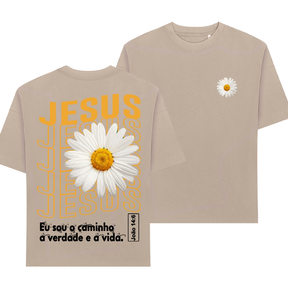 Camiseta Feminina Oversized ou T-shirt Estampa Cristã Gospel Fé Jesus Cristo Cruz Flor Girasol Preta