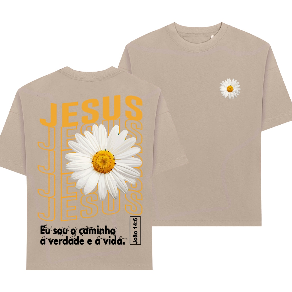 Camiseta Feminina Oversized ou T-shirt Estampa Cristã Gospel Fé Jesus Cristo Cruz Flor Girasol Preta