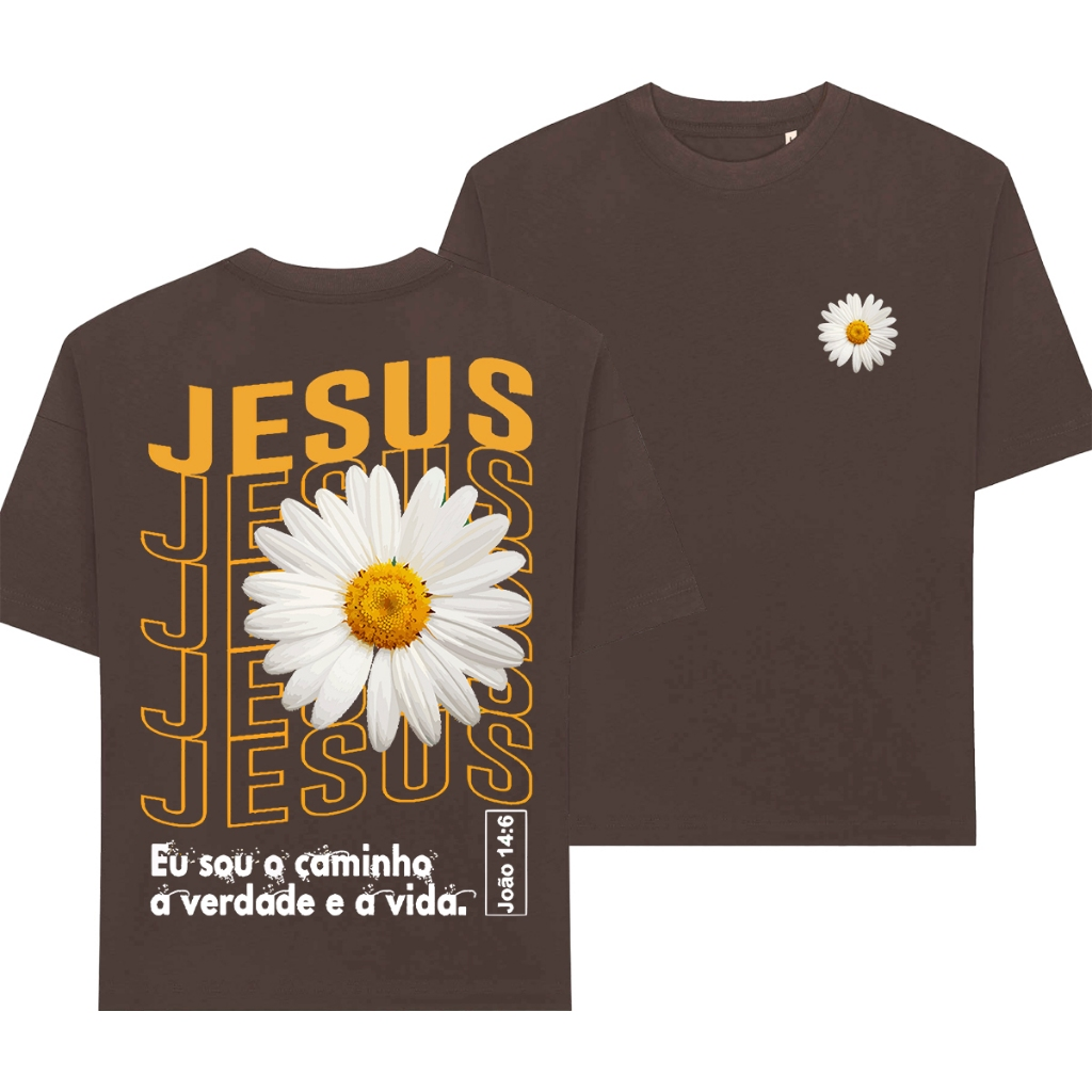 Camiseta Feminina Oversized ou T-shirt Estampa Cristã Gospel Fé Jesus Cristo Cruz Flor Girasol Preta