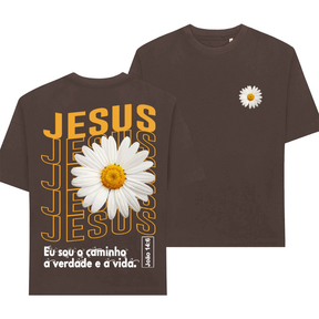 Camiseta Feminina Oversized ou T-shirt Estampa Cristã Gospel Fé Jesus Cristo Cruz Flor Girasol Preta