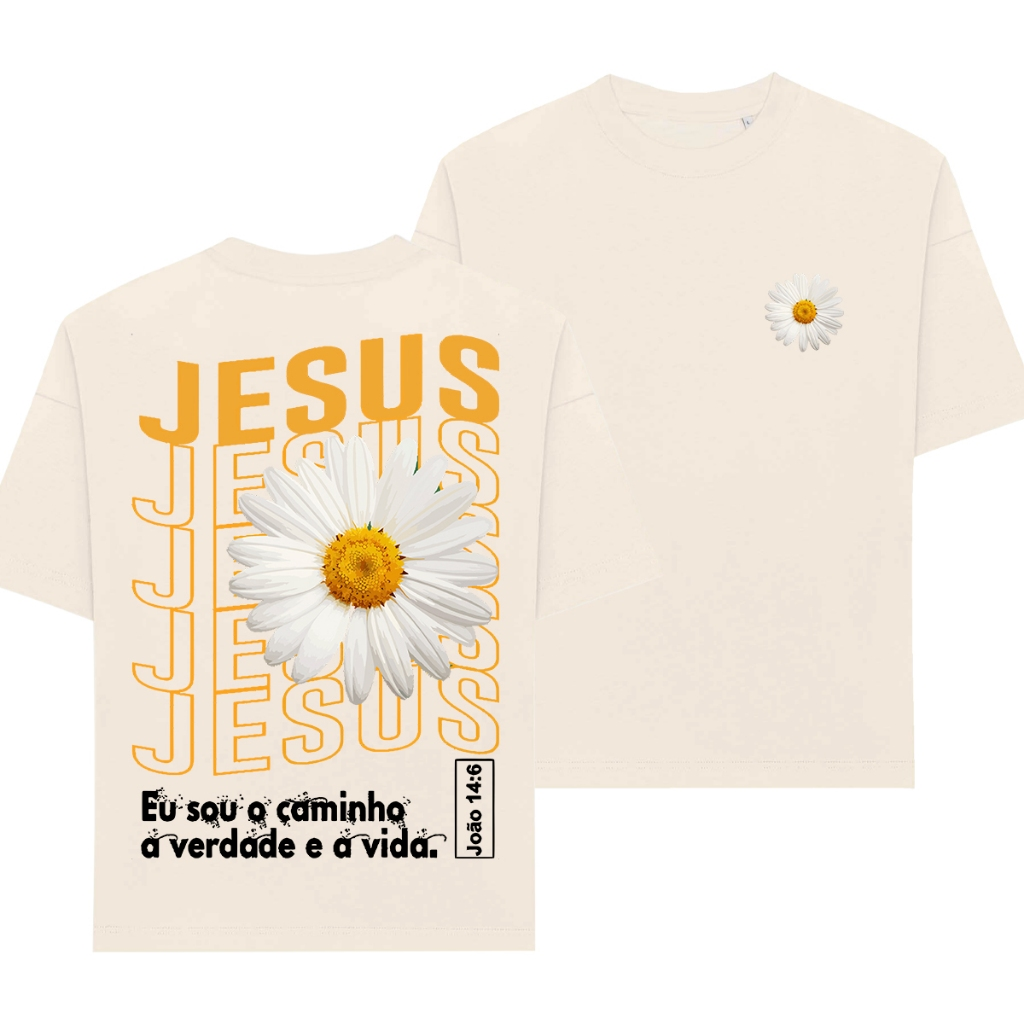Camiseta Feminina Oversized ou T-shirt Estampa Cristã Gospel Fé Jesus Cristo Cruz Flor Girasol Preta