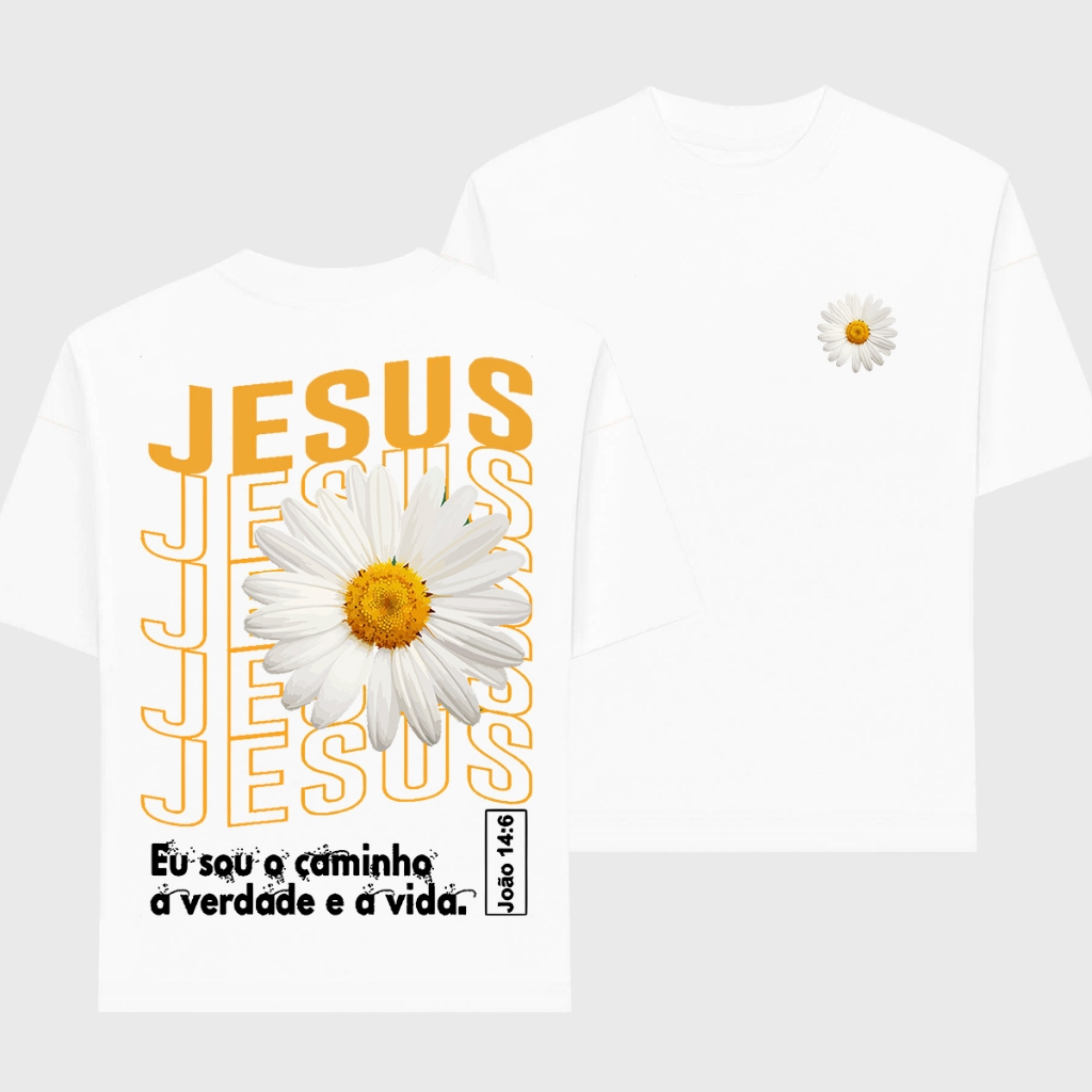 Camiseta Feminina Oversized ou T-shirt Estampa Cristã Gospel Fé Jesus Cristo Cruz Flor Girasol Preta