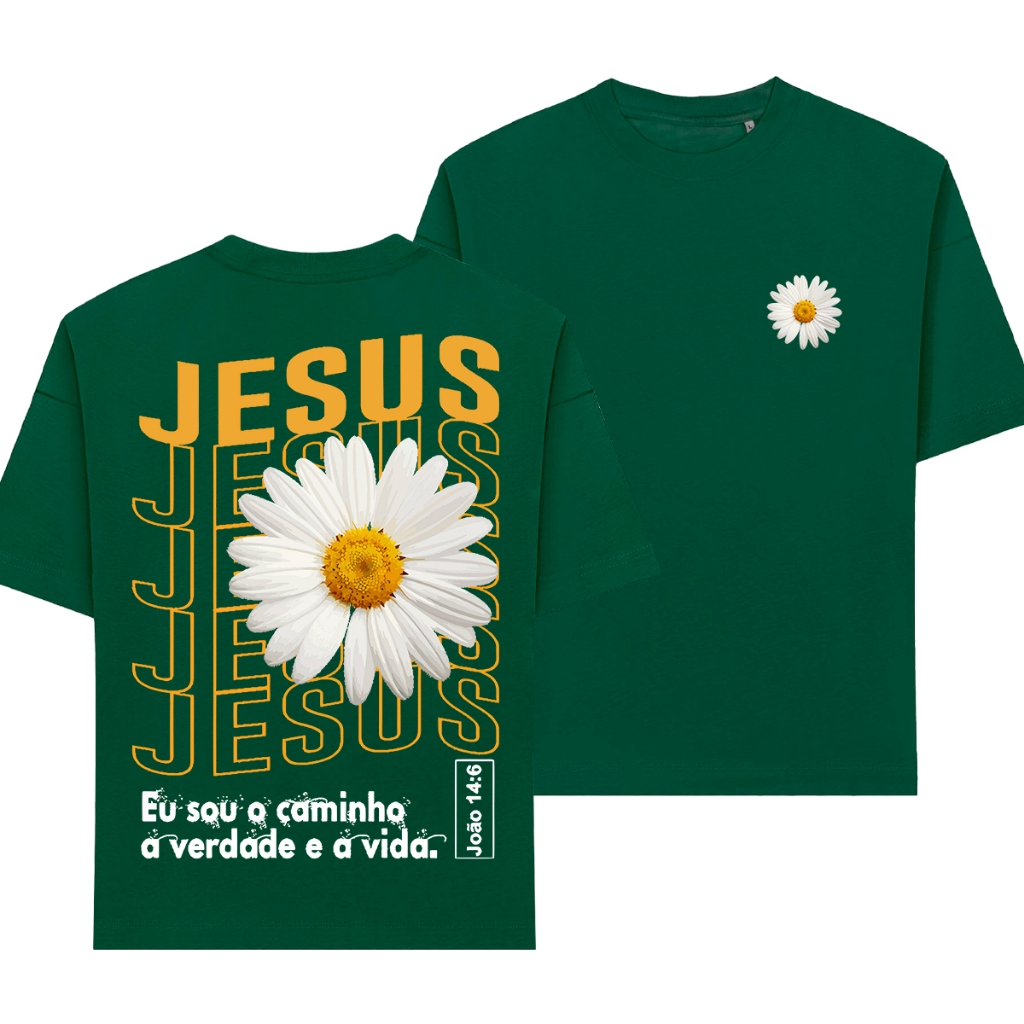 Camiseta Feminina Oversized ou T-shirt Estampa Cristã Gospel Fé Jesus Cristo Cruz Flor Girasol Preta