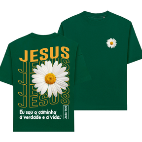 Camiseta Feminina Oversized ou T-shirt Estampa Cristã Gospel Fé Jesus Cristo Cruz Flor Girasol Preta