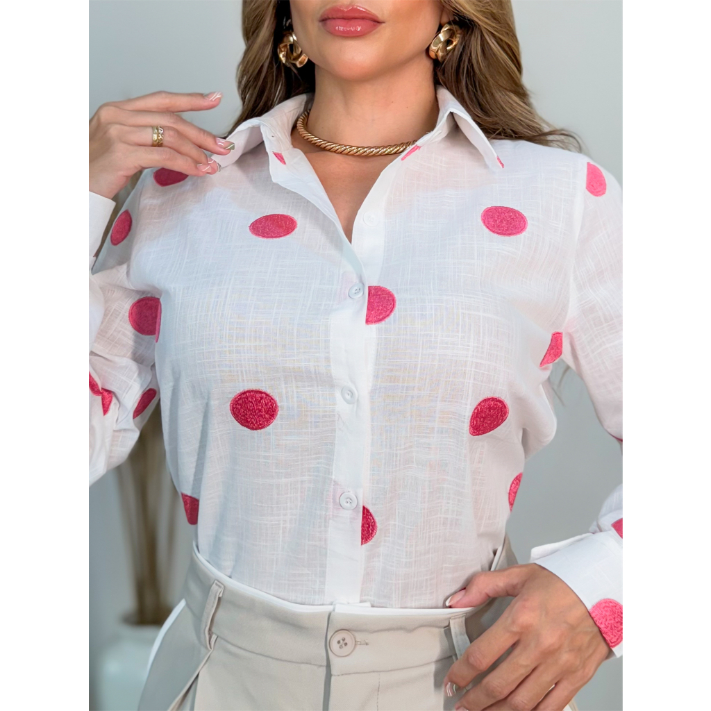 Camisa Social Feminina Manga Longa Bolinha Moda 3RD SD905
